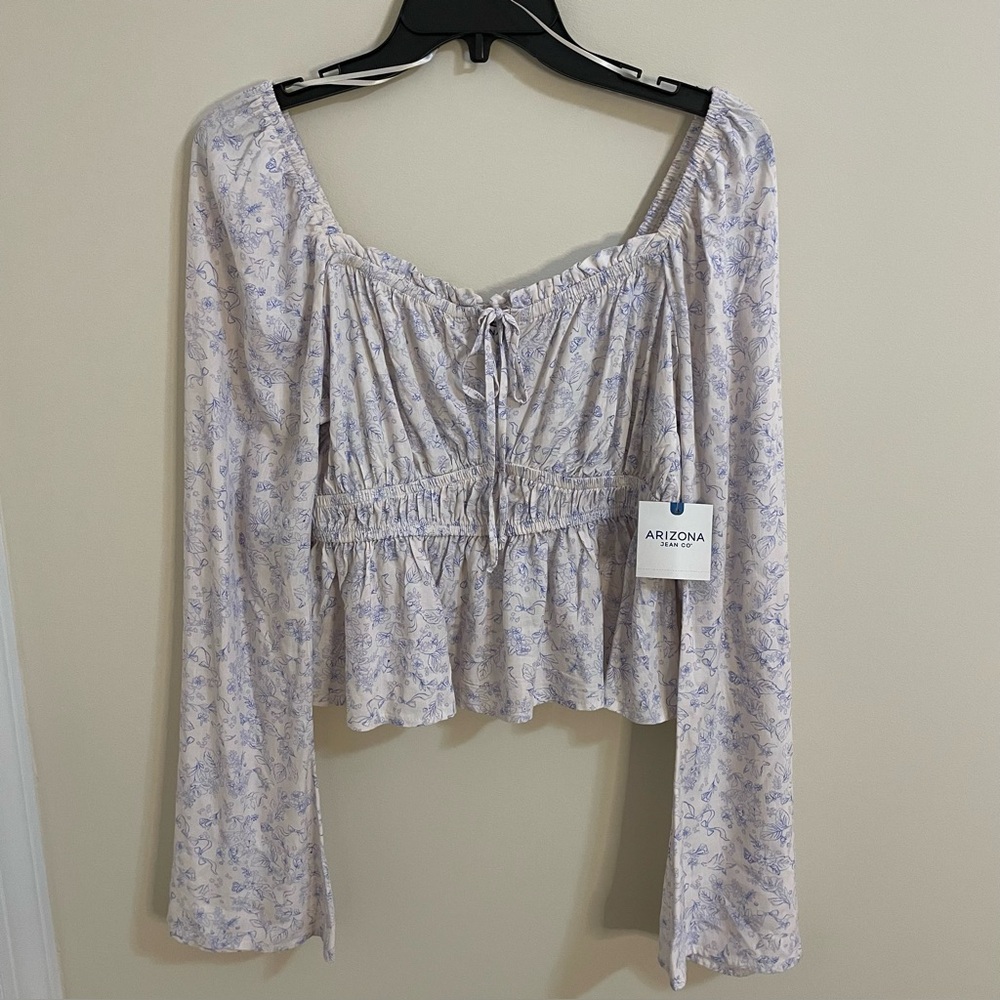 Arizona Jean Co Snowdrift Floral Boho Bell Sleeve Peasant Crop Blouse Jr M